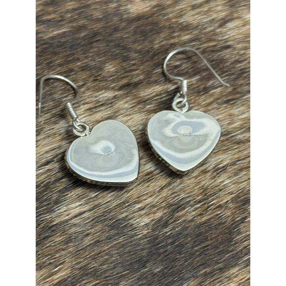 Native American SW Sterling Silver Neon Yellow Green Opal Heart Dangle Earrings - Picture 4 of 9